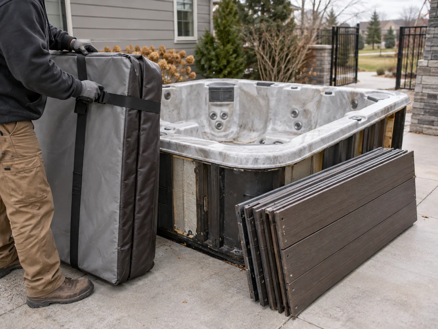 Drained hot tub with cover and exterior panels prepared for removal